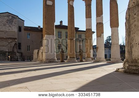Italy, Brescia - December 24 2017: The View Of The Ancient Roman Temple Ruins Of Capitolium In Bresc