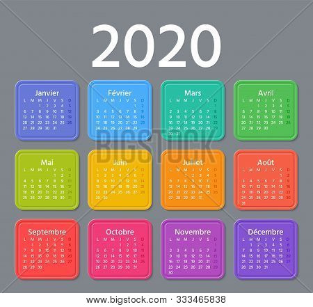 French Calendar 2020 Year. Vector. Week Starts Monday. France Calendar Annual Wall Template. Yearly 