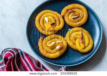 Jalebi Or Jilbi Or Imarati, Indian Sweet Food Fried In Pure Ghee Gujarat Crispy Fafda.