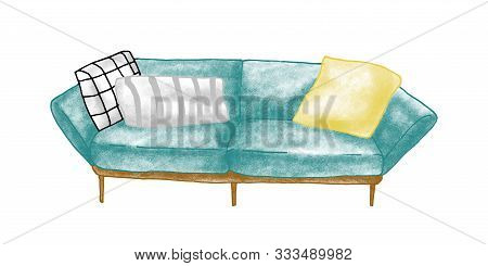 Retro Sofa Hand Drawn Vector Illustration. Room Furnishing, Home Interior Item. Soft Settee, Couch W