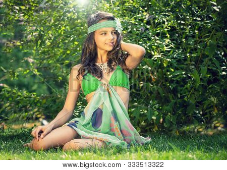 Portrait Of Beautiful Cute Brunette Teenager Model With Makeup, Poreo, In Summer Colorful Swimsuit P