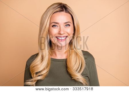 Portrait Of Cheerful Cute Nice Pretty Mature Woman Looking Good Smiling In Green Cheerfully Isolated