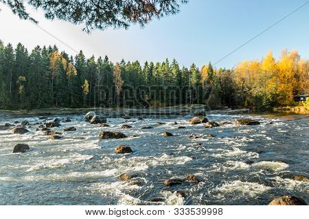Beautiful Autumn Landscape On River Kymijoki Near The Emperor Alexander Lll Fishing Lodge Langinkosk