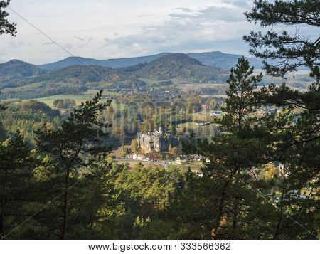View From Hradni Vyhlidka Lookout On Village Sloup V Cechach With Mediaval Sand Stone Castle In Luzi