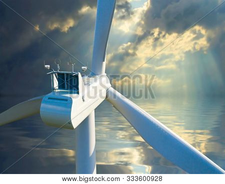 Wind turbine against stormy sky as a metaphoric expression for climate change. Power plant close up. Sustainable development and electricity theme. Aerial view to windmill on sea.