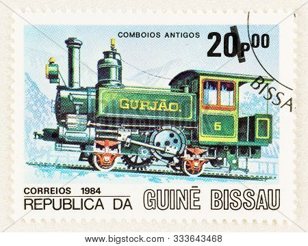 Seattle Washington - October 4, 2019: Old Train Series Postage Issued In 1984 By The Republic Of Gui
