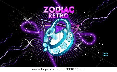 Aquarius Astrological Horoscope, In Retro Style On A Black Background With Neon Luminous Elements, S