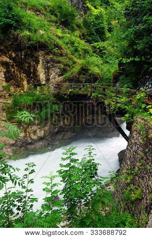 Mist over a mountain river in Bavaria, Germany, Europe