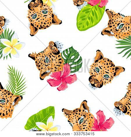 Leopards With Jungle Leaves, Tropical Flowers Seamless Pattern. Vector Illustration.