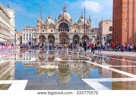 Cathedral Basilica Of Saint Mark And Piazza San Marco, St Mark Square, Deluged By Flood Water During