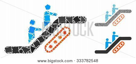 Escalator Mosaic Of Ragged Pieces In Different Sizes And Color Hues, Based On Escalator Icon. Vector