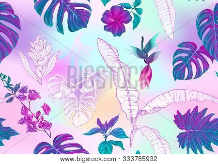 Tropical Plants And Flowers. Seamless Pattern, Background. Colored And Outline Design. Vector Illust