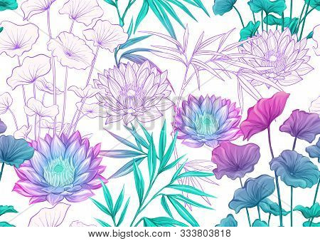 Tropical Plants And Flowers. Seamless Pattern, Background. Colored And Outline Design. Vector Illust