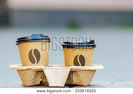 Two Disposable Coffee Cups In Cardboard Holder. Coffee To Go. Takeaway