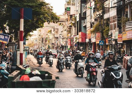 Hanoi, Vietnam - 18th October 2019: Busy Traffic During Sunset In Hanoi - Capital Of Vietnam In Autu