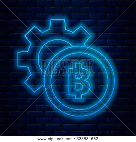 Glowing Neon Line Cryptocurrency Coin Bitcoin Icon Isolated On Brick Wall Background. Gear And Bitco