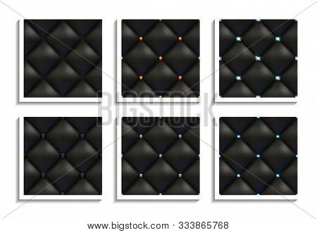 Seamless Vector Patterns Of Black Leather Upholstery With Gold, Silver, Diamond Buttons. Luxury Text