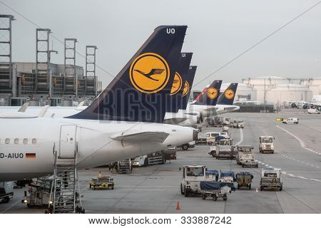 Frankfurt Germany- October  19 2018: Airplanes Of Lufthansa On The Runway At Terminal 1 Of Frankfurt