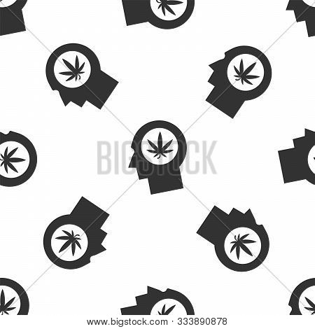 Grey Silhouette Of Male Head In Profile With Marijuana Or Cannabis Leaf Icon Isolated Seamless Patte