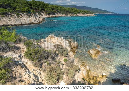 Summer View Of Orange Beach Kavourotripes At Sithonia Peninsula, Chalkidiki, Central Macedonia, Gree