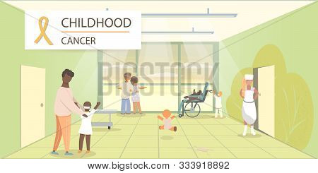 Childhood Cancer. Children Are Running And Playing In Hospital. Parents Are Visiting Their Children 