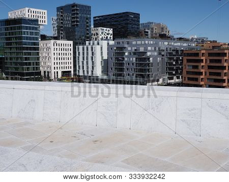 Oslo, Norway On July 2019: Scenic Modern Skyscrapers Buildings In European Capital City At Ostlandet