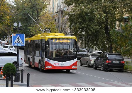 Odessa, Ukraine. November 2, 2019. Modern Trolleybus Riding With Passengers In The Streets Of Odessa