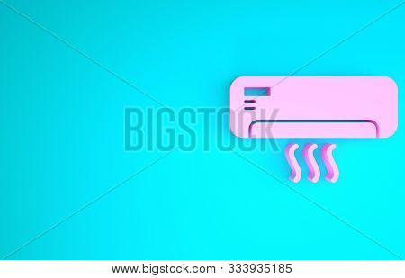 Pink Air Conditioner With Fresh Air Icon Isolated On Blue Background. Split System Air Conditioning.