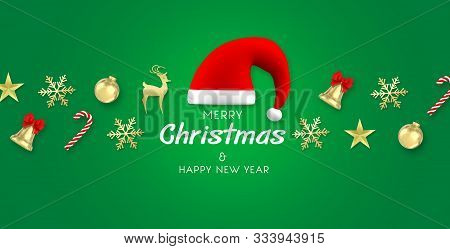 3d Render Christmas Background. Santa Claus Hat,snowflakes,gift, Candy, Bells, Star And Christmas Ba