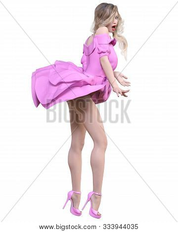 Beautiful Blonde Woman In Light Summer Waving Dress.