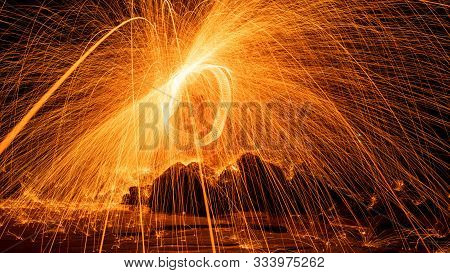 Swing Fire Swirl Steel Wool Light Photography With Reflex In The Water Long Exposure Speed Motion St