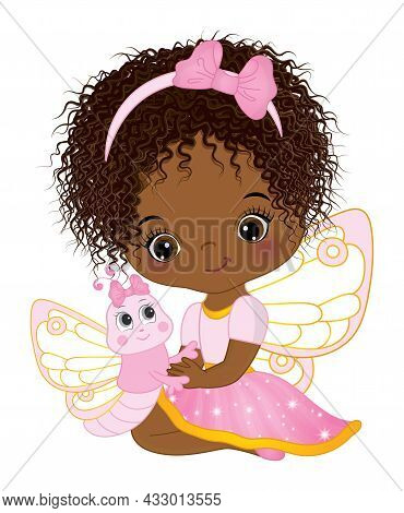 Cute Little African American Fairy Wearing Pink Dress Holding Baby Butterfly. Little Fairy Is Cute W
