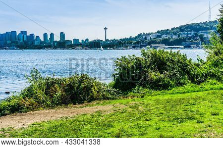 View Of Buildings Along Lake Union. Shot Taken From Gasworks Park In Seattle, Washington.