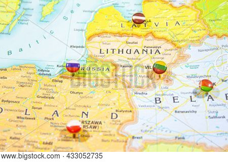Close-up View Of Baltic States On A Geographical Globe, Map Shows Capitals Countries Latvia -riga, L