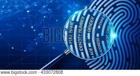 Magnifying Glass And Fingerprint With Personal Information. Fingerprint Digital Technology, Digital 