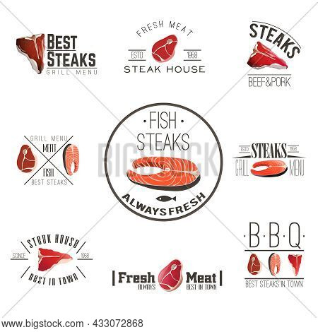 Best Quality Fresh Meat Fish Steaks For Bbq And Grill Steakhouse Labels Collection Abstract Vector I