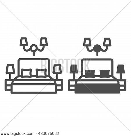 Big Bed With Pillows And Lamps Line And Solid Icon, Interior Design Concept, Light In Bedroom Vector