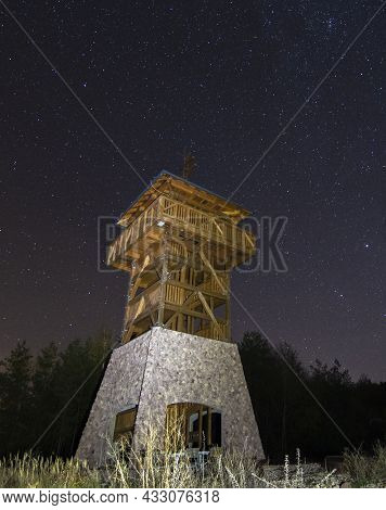 Lookout Tower Haj Nova Bana. Slovakia. Observation Tower With Night Sky In The Background.