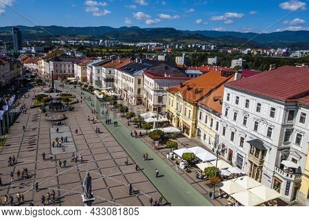 BANSKA BYSTRICA - SLOVAKIA, AUGUST 29, 2014: View at Slovak National Uprising Square (SNP Square) in the centre of Banska Bystrica town from the top of clock tower