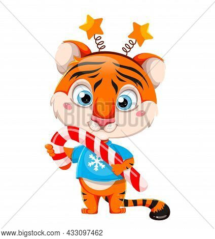 Merry Christmas. Cute Cartoon Character Tiger Holding Big Candy Cane. Stock Vector Illustration On W