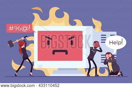 Old Pc, Computer Frustration, Error, System Problem. Frustrated Office Workers, Clerk In Panic With 