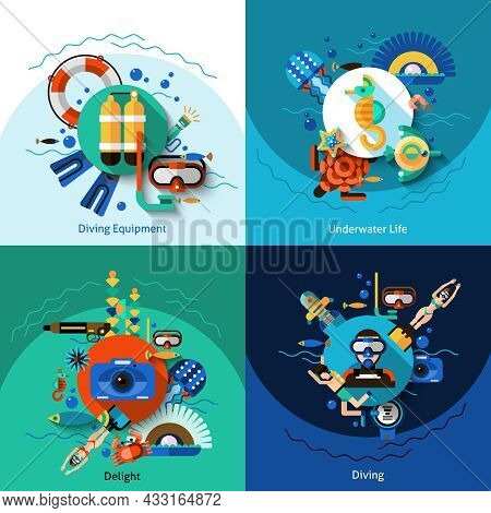 Diving Design Concept Set With Underwater Life Flat Icons Isolated Vector Illustration
