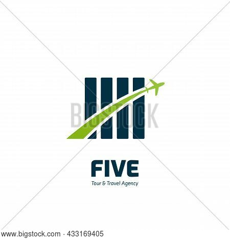 Five Travel Tour Trip Agency Logo With Number 5 Tally Roman Number Symbol Icon And Plane Flight Swoo