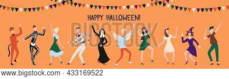 People Dancing At The Party In Costumes Of Halloween Characters. Vector Banner For Halloween On Oran