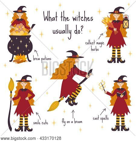 Witch Character Illustration. Halloween Vector Illustration. What The Witches Usually Do