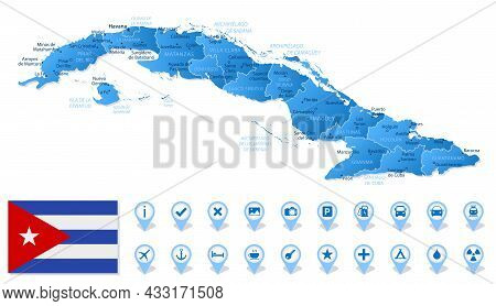 Blue Map Of Cuba Administrative Divisions With Travel Infographic Icons. Vector Illustration