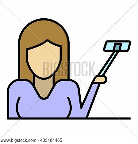 Woman Up Selfie Stick Icon. Outline Woman Up Selfie Stick Vector Icon Color Flat Isolated On White