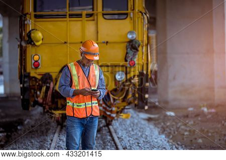Engineer Railway Under  Checking Construction Process Train Testing And Checking Railway Work On Rai