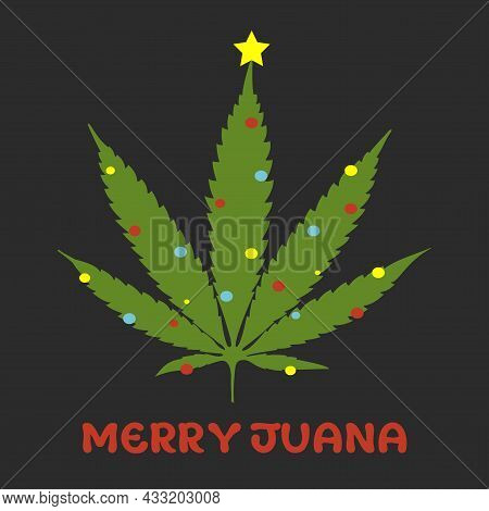 Merry Juana Christmas Cannabis Leaf Tree In The Flower Pot Postcard Vector Illustration