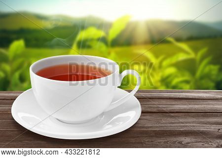 Cup Of Hot Freshly Brewed Rooibos Tea On Wooden Table Outdoors